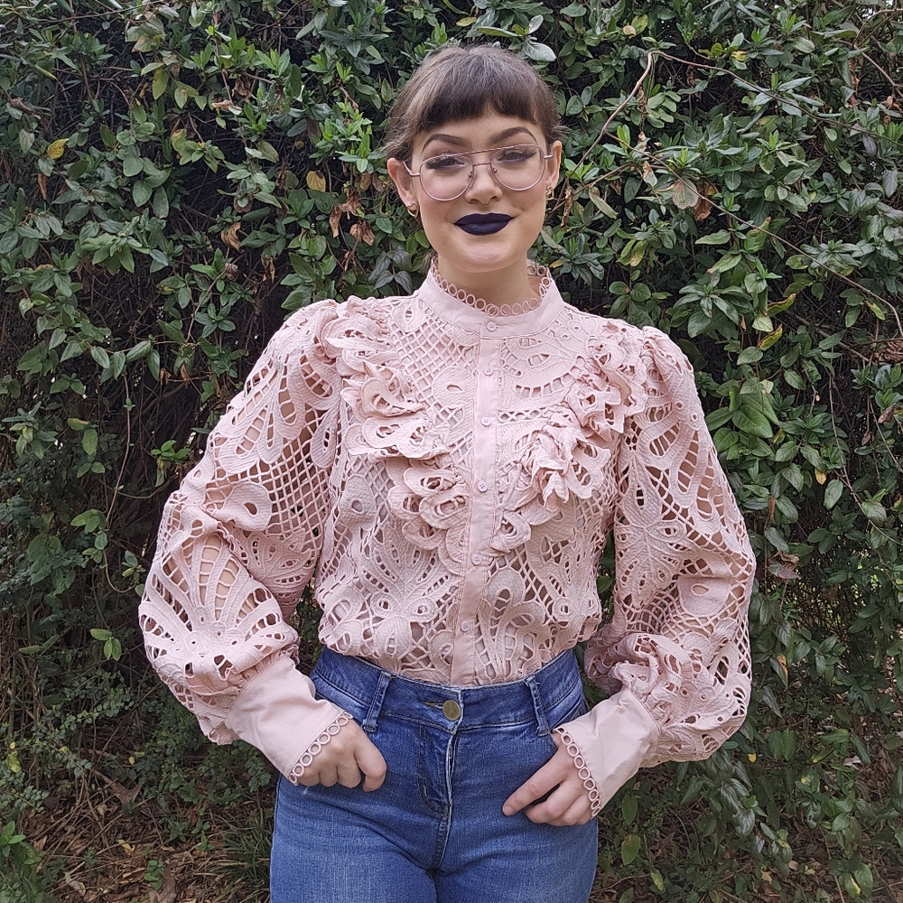 Karlie Pastel Pink Cutout Bishop / Balloon Sleeve Victorian Inspired Ren Top